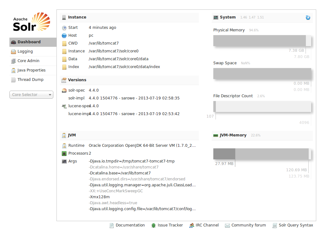 Solr recién instalado con un core